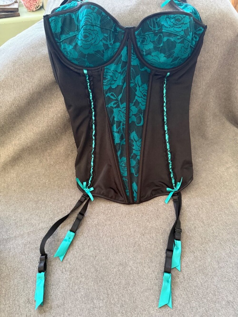 Coquette Nordstrom Black & Teal Lace Corset Bustier With Garter Straps Lingere
